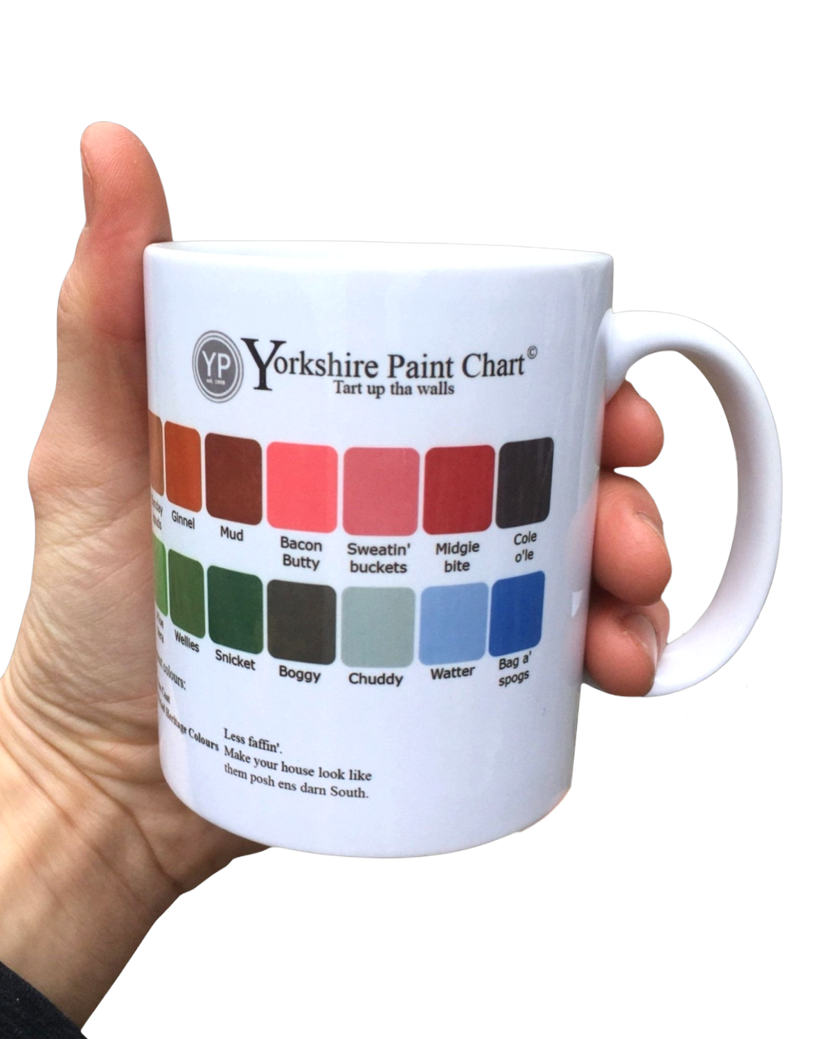 LighthouseLane 11oz ceramic mug featuring a humorous Yorkshire Paint Chart design with colorful paint swatches.