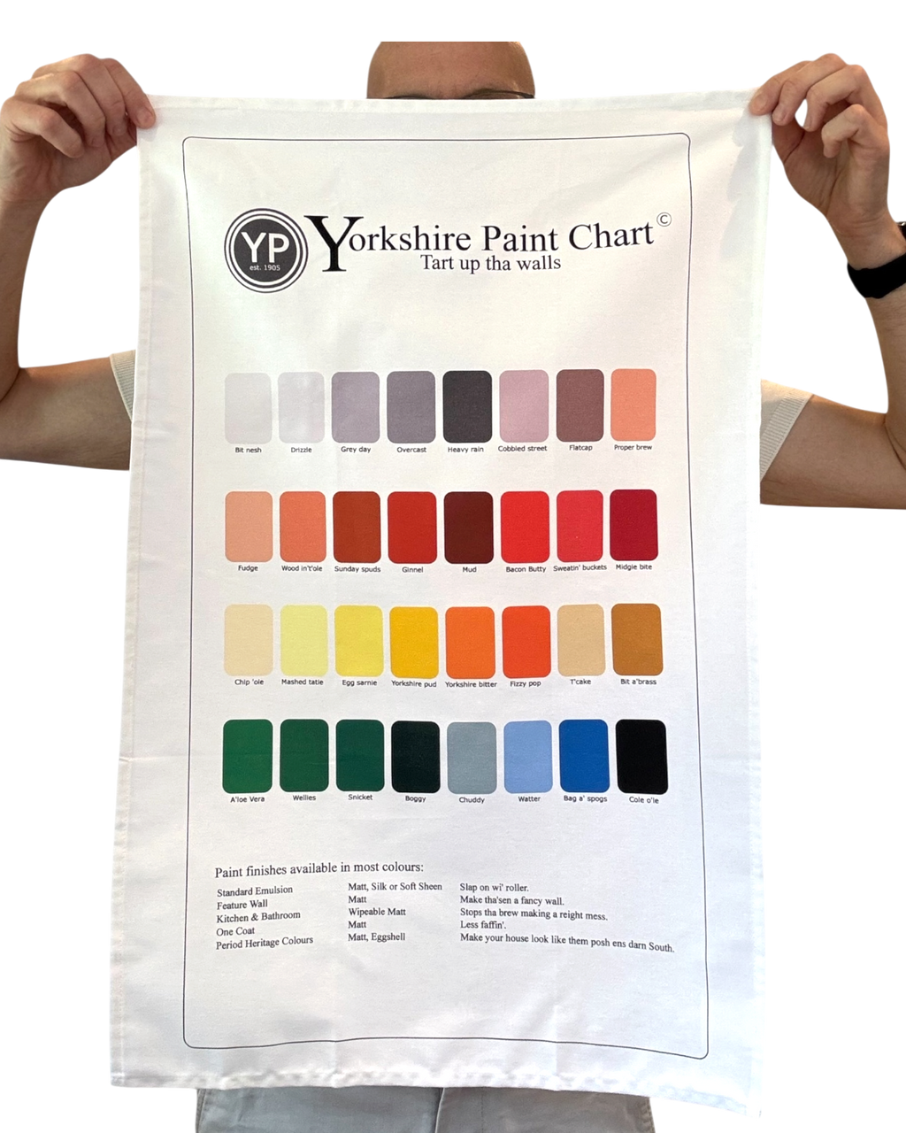 LighthouseLane Yorkshire Paint Chart cotton tea towel featuring humorous colour names on a white background