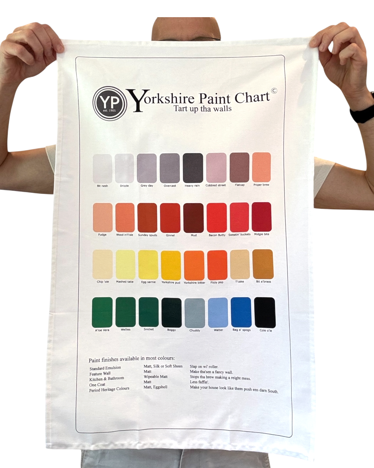 LighthouseLane Yorkshire Paint Chart cotton tea towel featuring humorous colour names on a white background