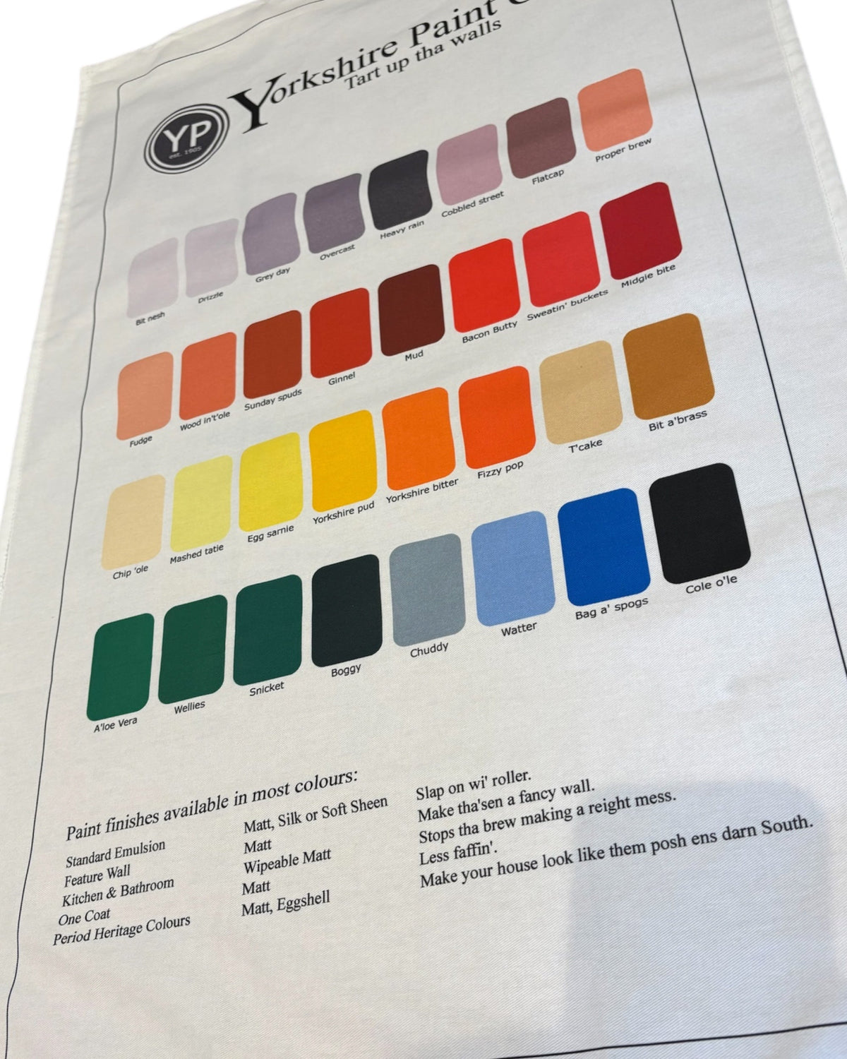 LighthouseLane Yorkshire Paint Chart cotton tea towel featuring humorous colour names in a grid layout.