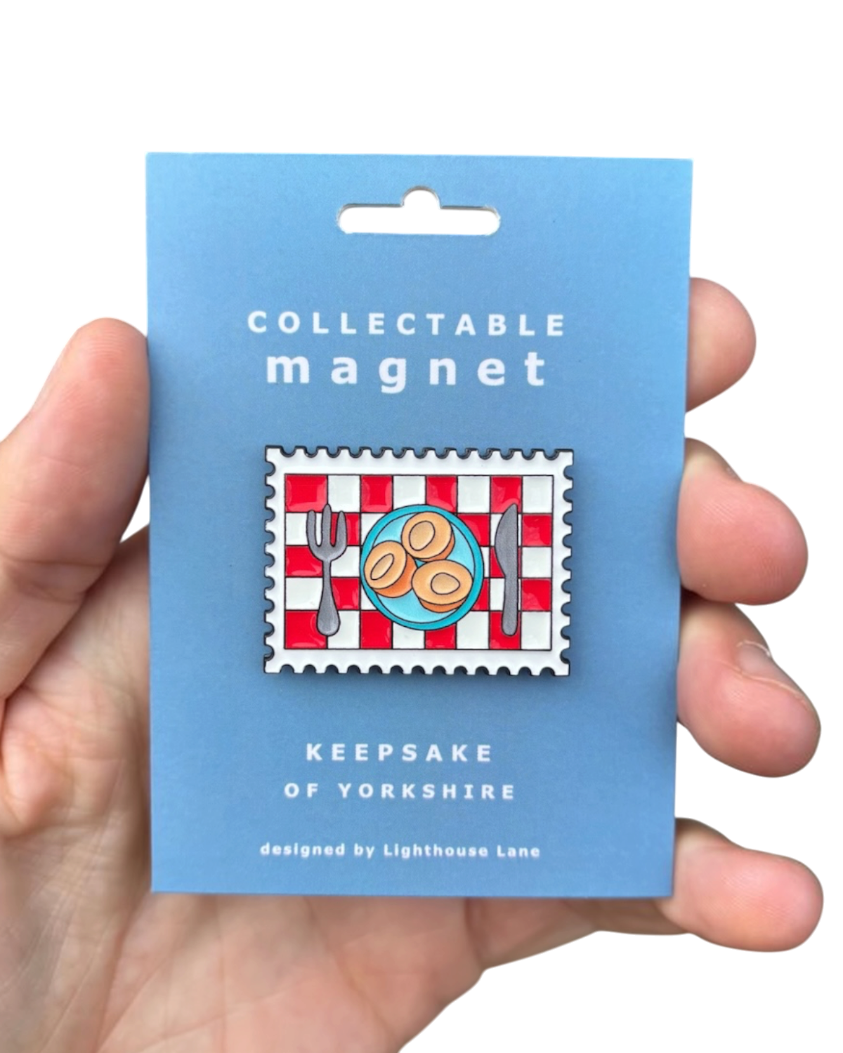 LighthouseLane collectible Yorkshire pudding magnet in a postage-stamp design with red-and-white checked background