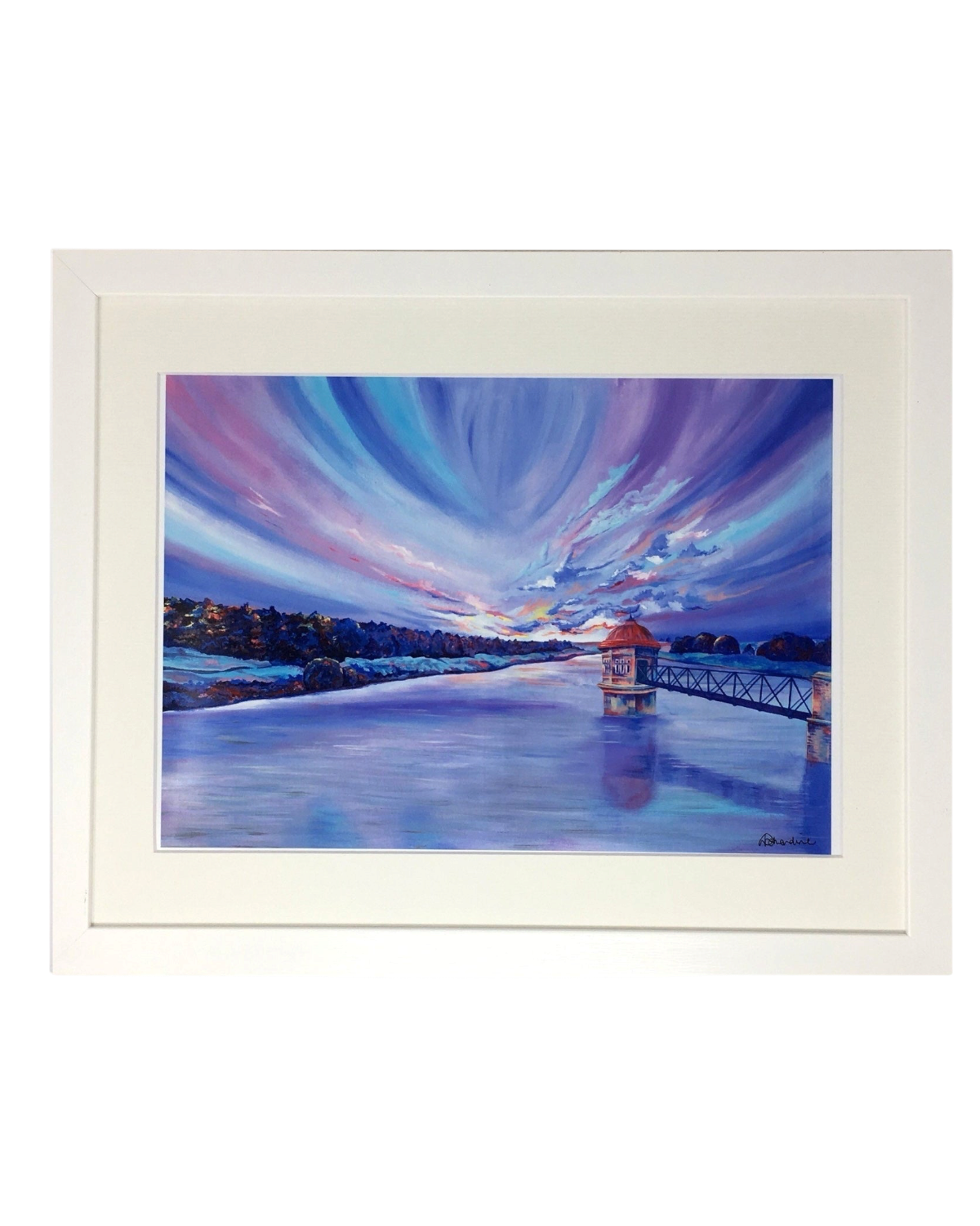LighthouseLane framed art print of Lower Laithes Reservoir in Yorkshire featuring a vibrant purple sunset landscape
