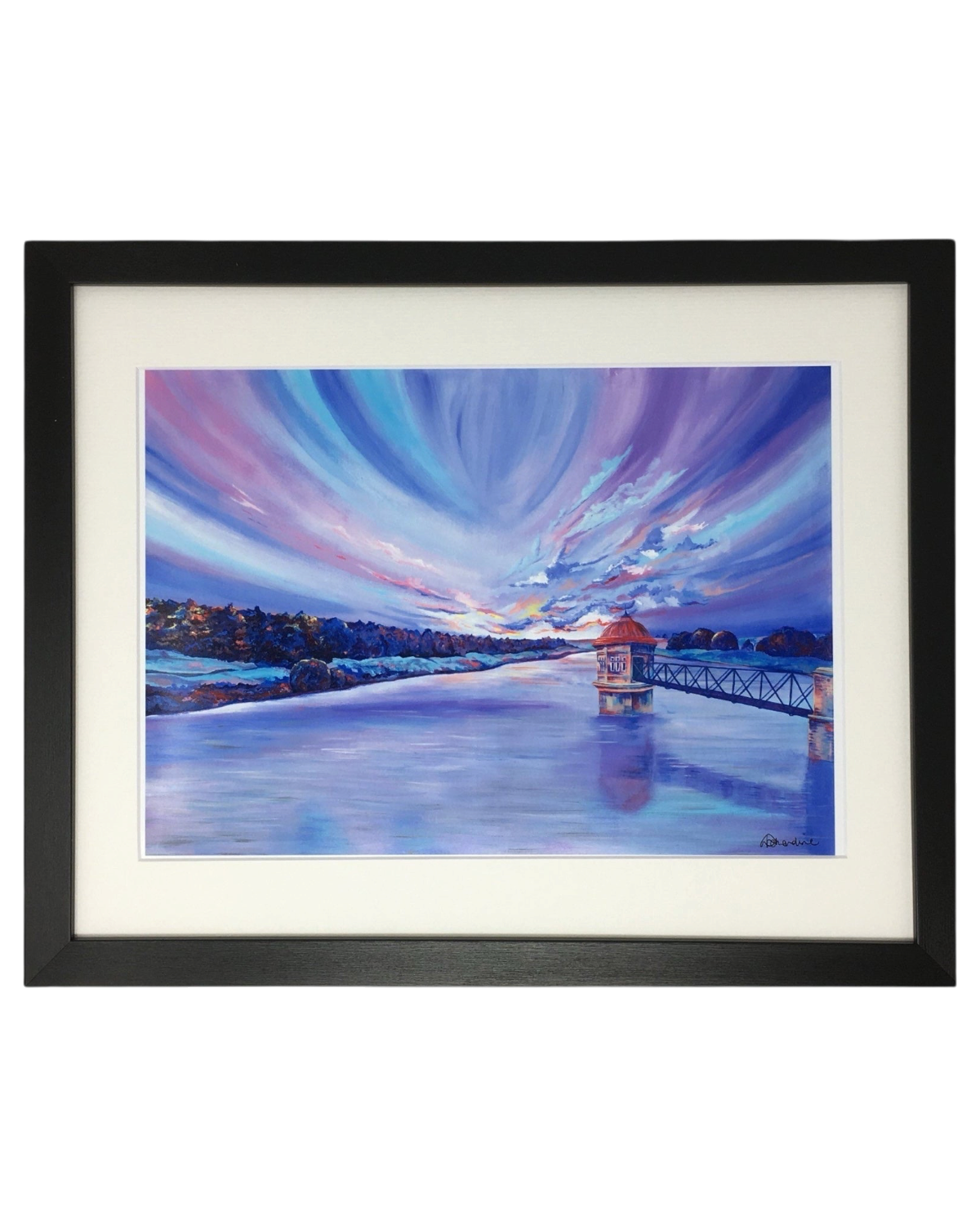 LighthouseLane framed print of Stanbury Lower Laithes Reservoir in Yorkshire with a vibrant purple sunset sky