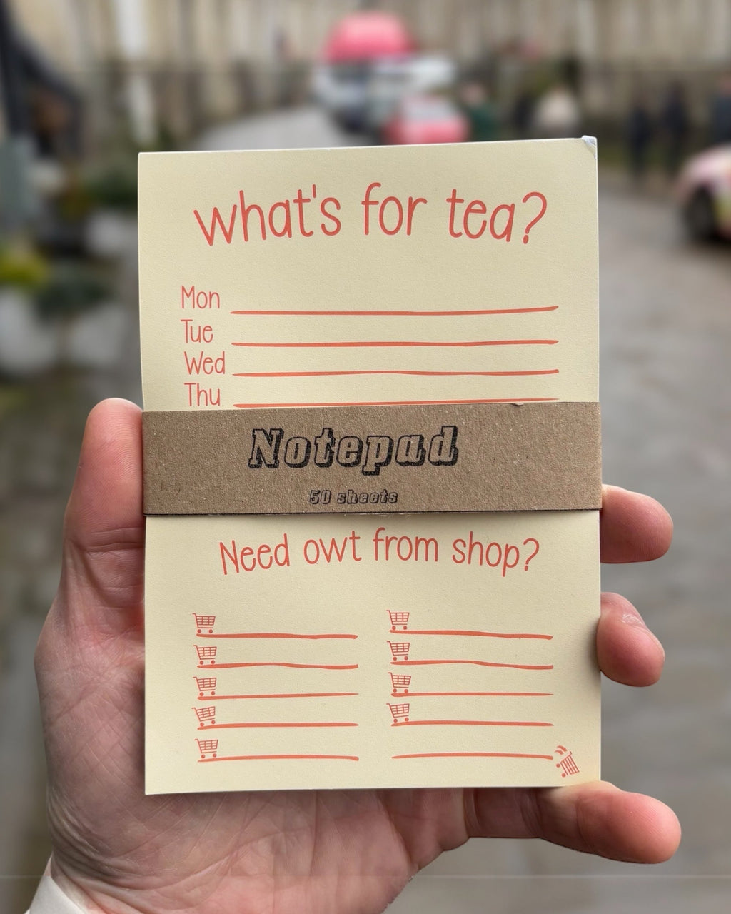 LighthouseLane A5 Yorkshire dialect shopping list notepad with 50 tear-off sheets and red text on cream paper.