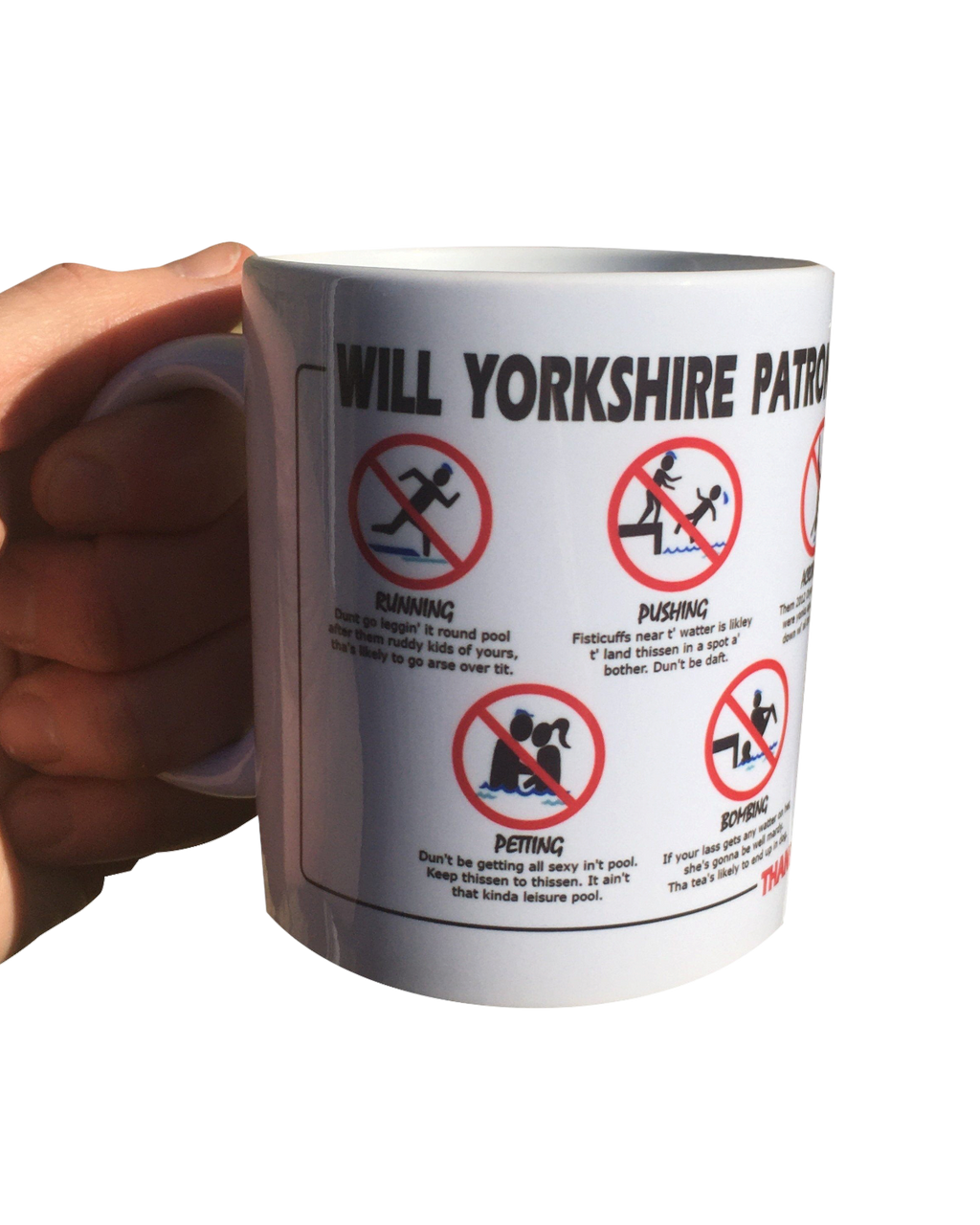 LighthouseLane white ceramic mug featuring a humorous Yorkshire Swimming pool rules design with black text and icons.