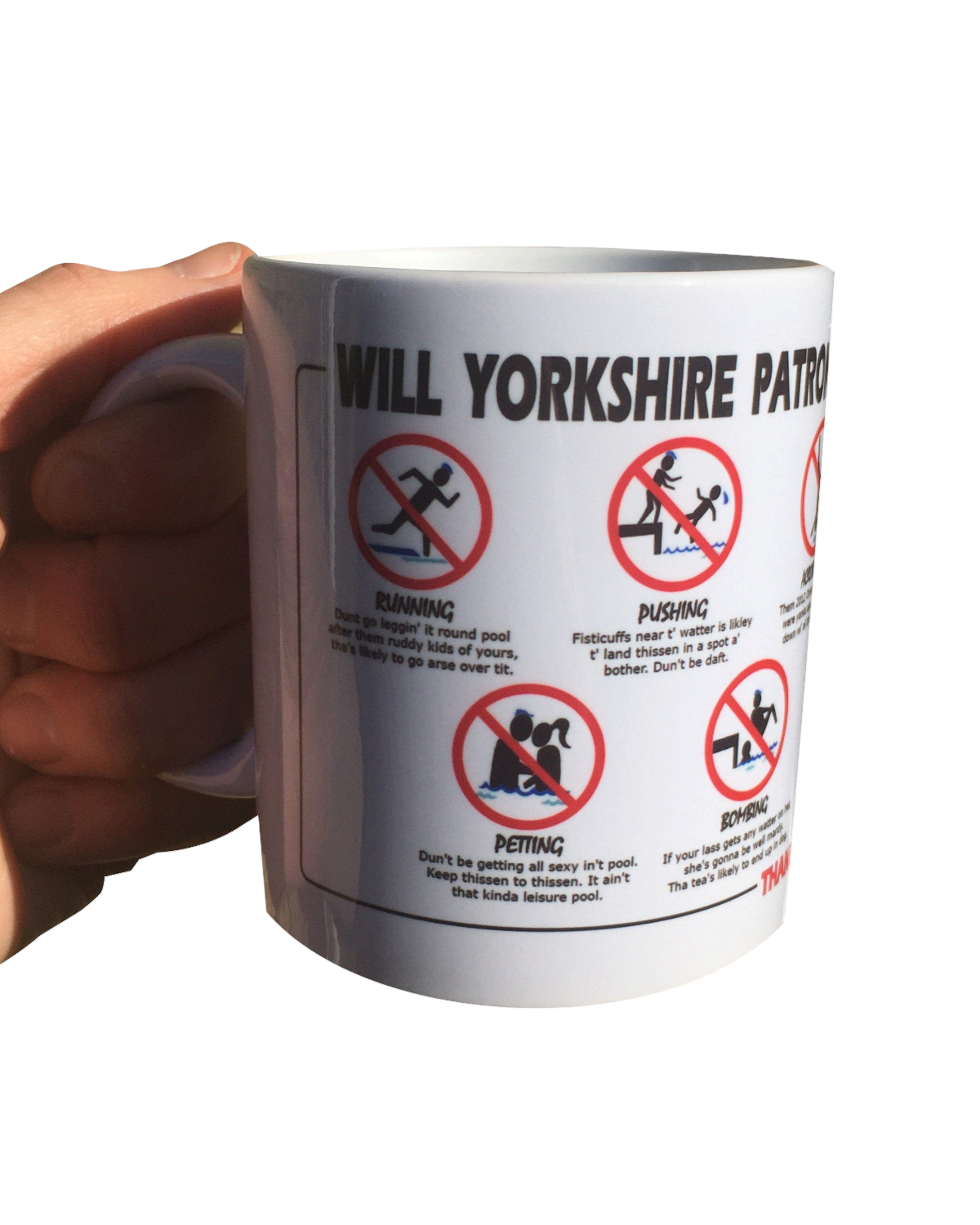 LighthouseLane white ceramic mug featuring a humorous Yorkshire Swimming pool rules design with black text and icons.