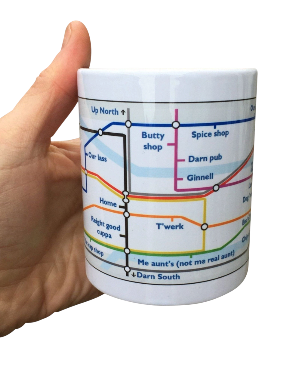 LighthouseLane 11oz ceramic mug featuring a funny Yorkshire-themed underground tube map design, held in a hand.