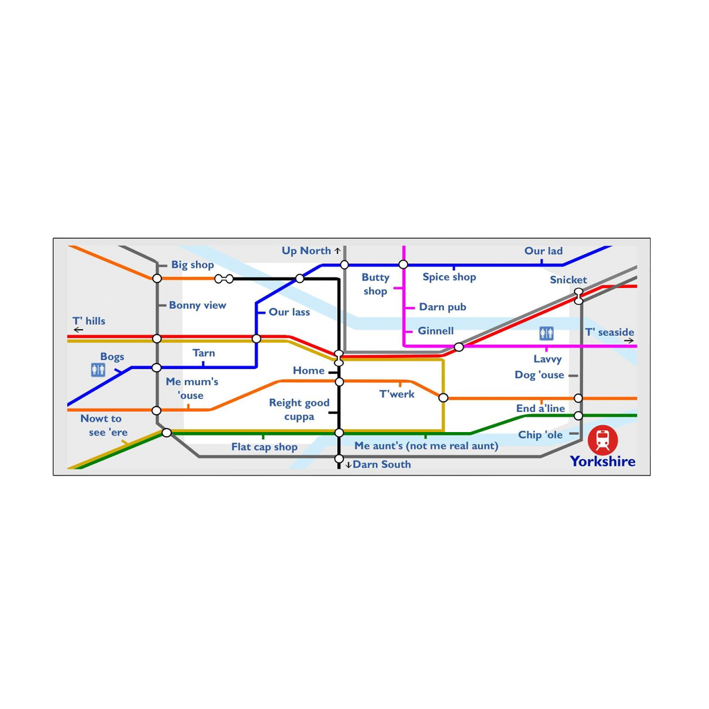 LighthouseLane ceramic mug featuring a humorous Yorkshire Tube Underground map design with local dialect labels.