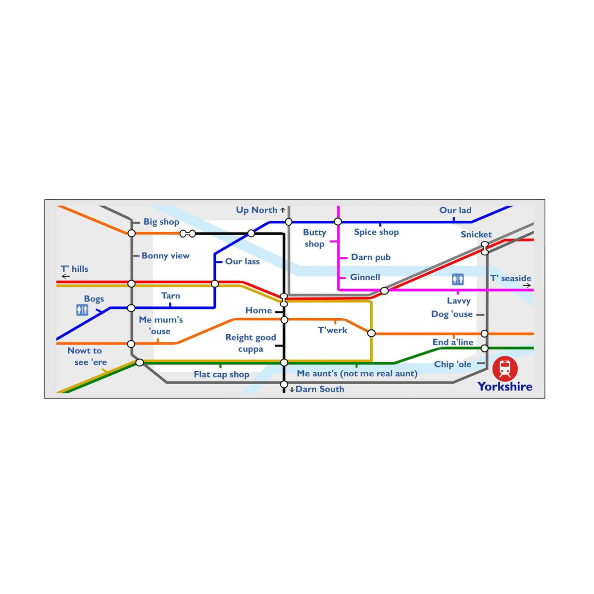 LighthouseLane ceramic mug featuring a humorous Yorkshire Tube Underground map design with local dialect labels.