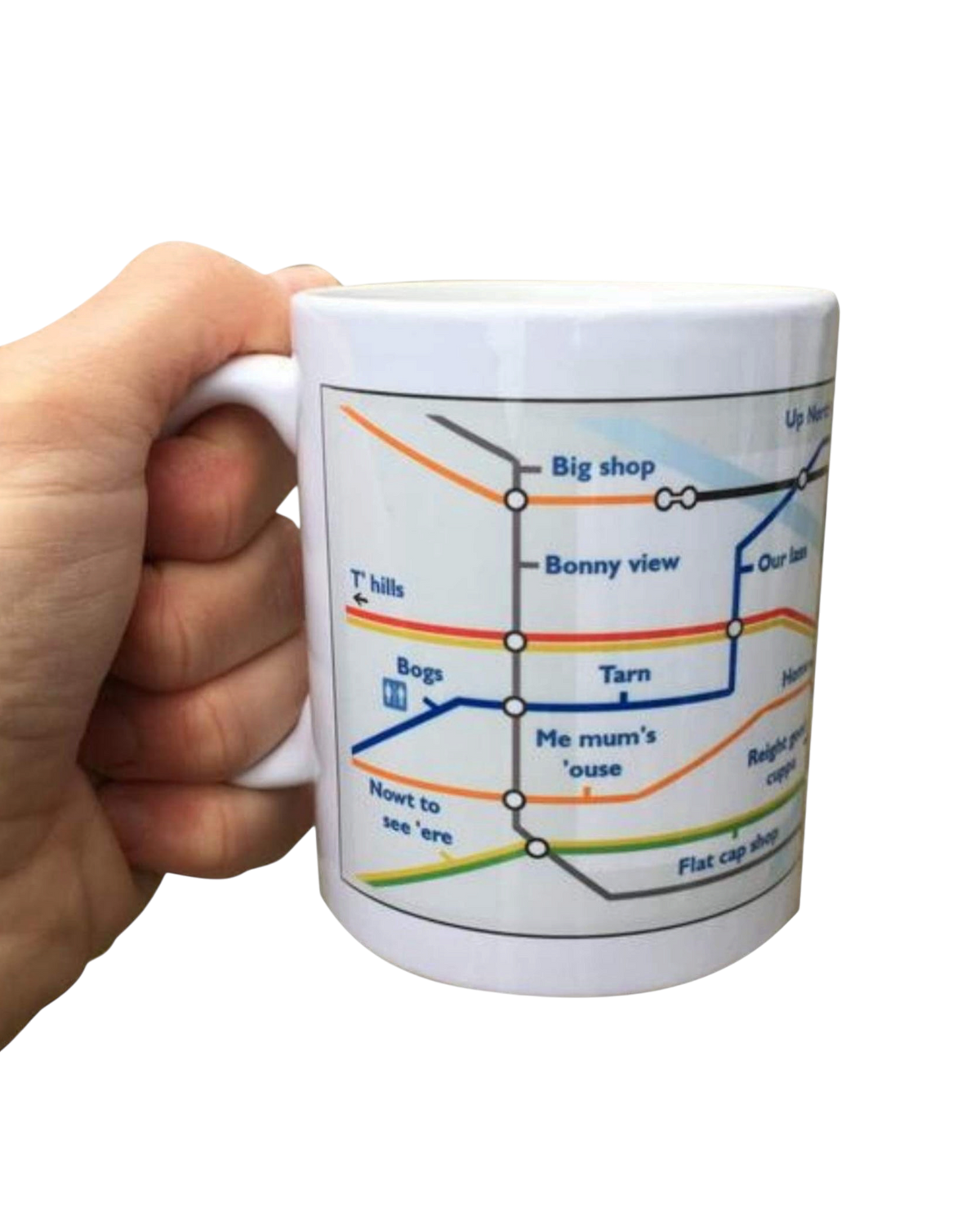 LighthouseLane 11oz ceramic mug featuring a humorous Yorkshire Tube Underground map design held in a hand.