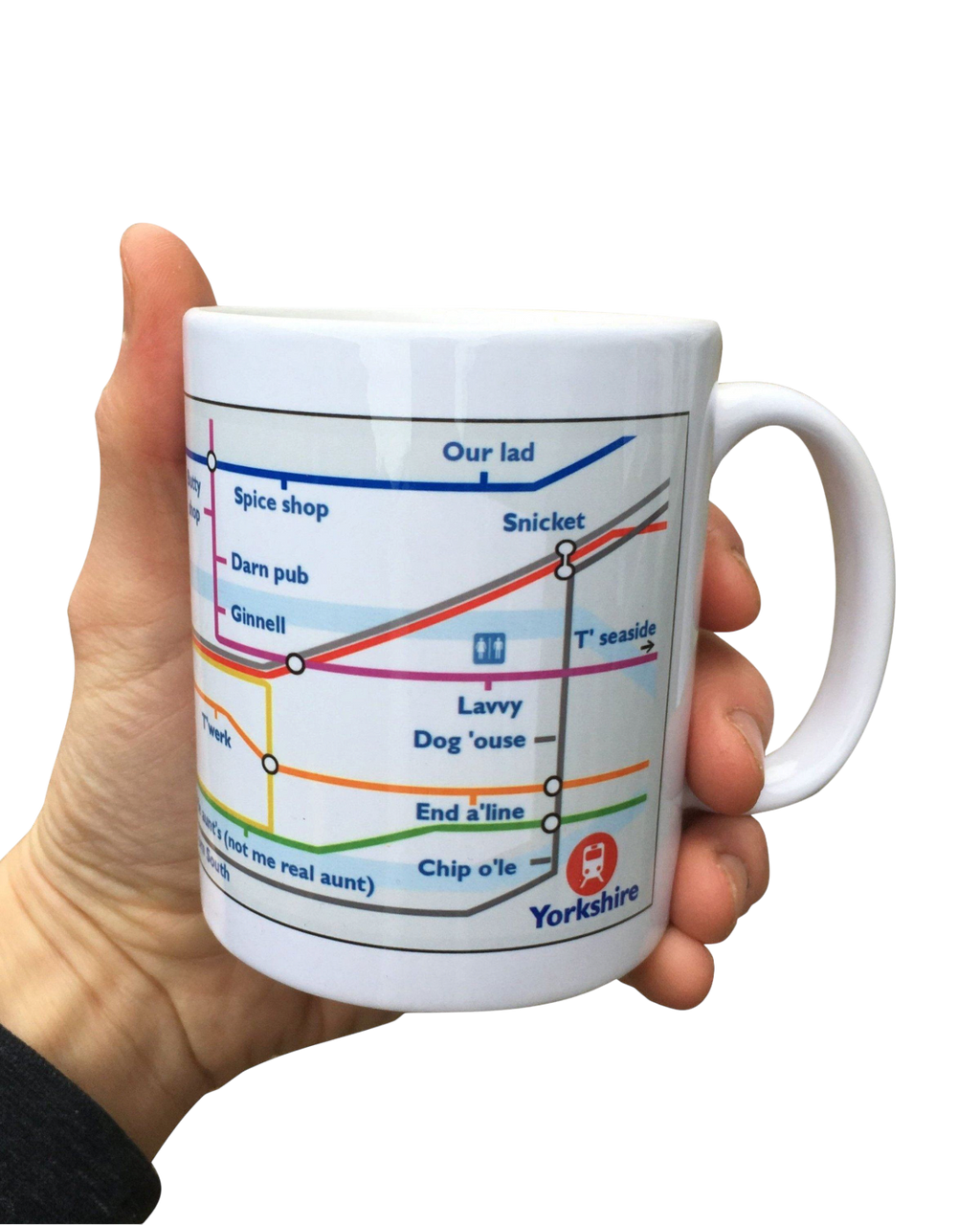 LighthouseLane 11oz white ceramic mug featuring a colourful Yorkshire Tube Underground map design held in a hand.