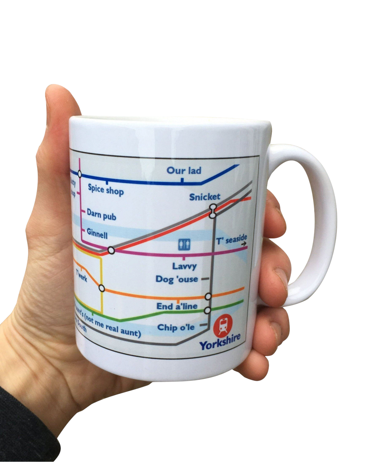 LighthouseLane 11oz white ceramic mug featuring a colourful Yorkshire Tube Underground map design held in a hand.