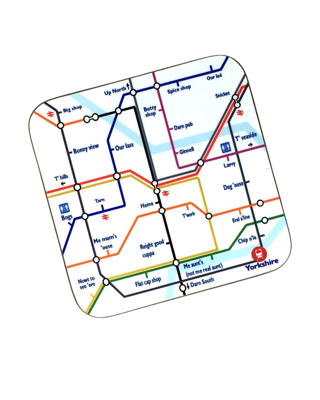 LighthouseLane ceramic mug featuring a colourful Yorkshire-themed underground map design with humorous local labels.