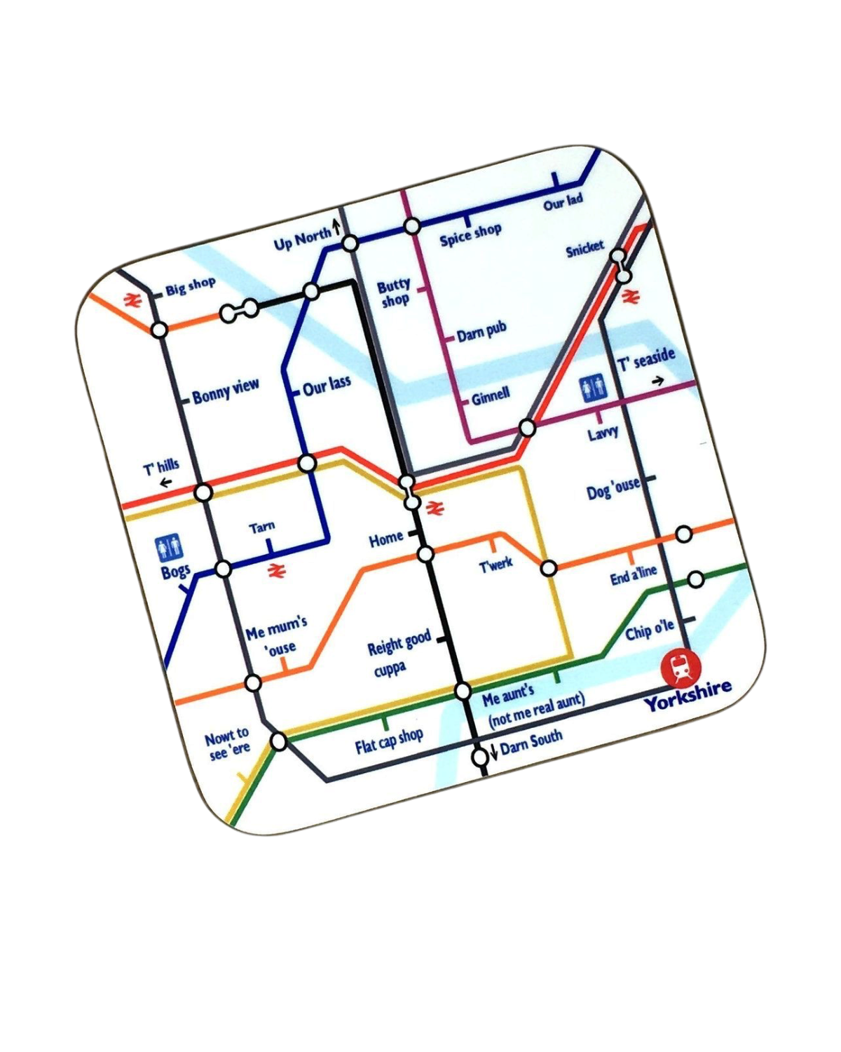 LighthouseLane ceramic mug featuring a colourful Yorkshire-themed underground map design with humorous local labels.