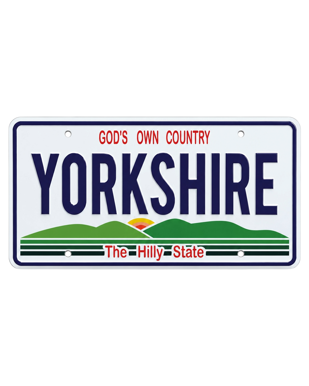 LighthouseLane embossed aluminium Yorkshire USA style licence plate with green hills and red text on a white background