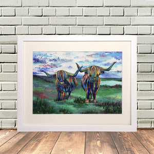 Colourful Double Highland Cow Painting Prinr