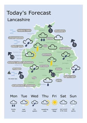 Lancashire Weather Map Funny Print by Lighthouse Lane