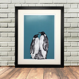 Penguin Family Sketch Print Teal