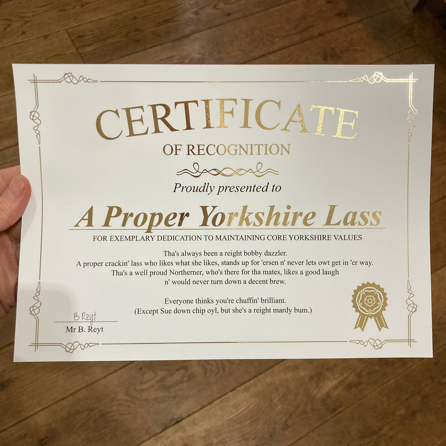 Yorkshire Dialect Certificate Gold Foil